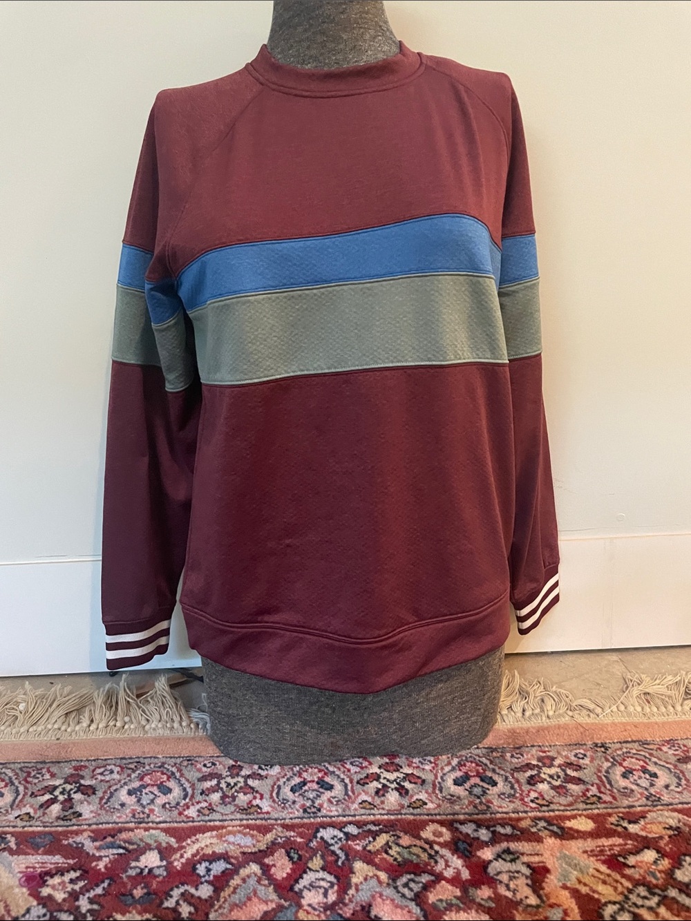 cotopaxi Maroon Crewneck Sweatshirt with Blue and Gray Stripes